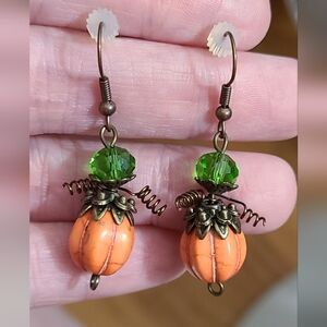 Pumpkin earrings handmade glass filigree bronze Fall Autumn ARTISAN crafted